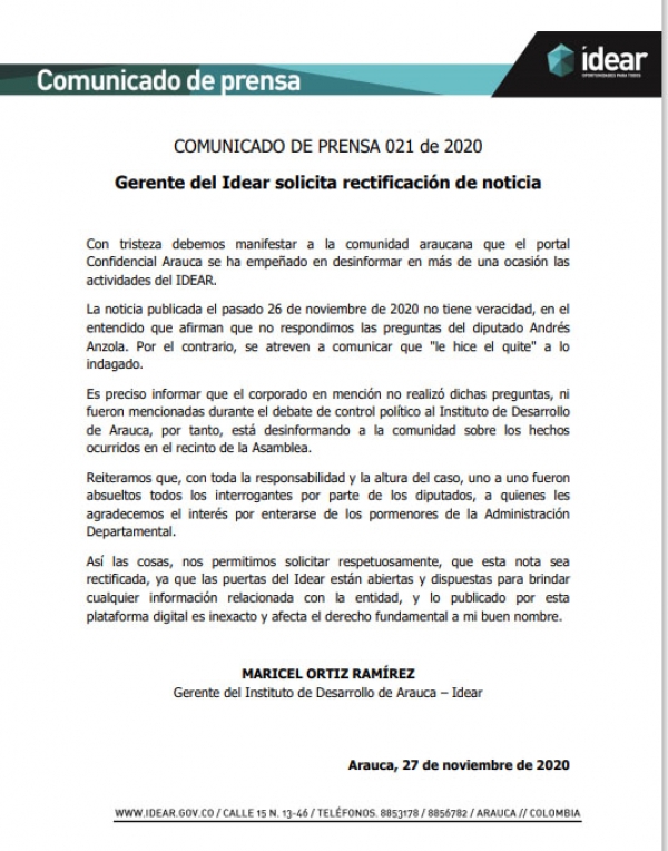 Comunicado - Gerente del Idear solicita rectificación de noticia