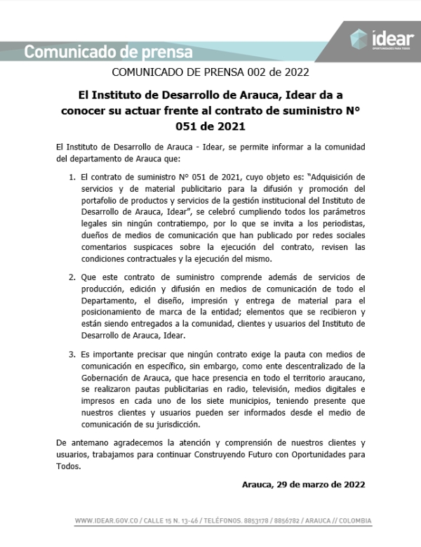 COMUNICADO DE PRENSA 002 de 2022 - El Instituto de Desarrollo de Arauca, Idear da a conocer su actuar frente al contrato de suministro N° 051 de 2021